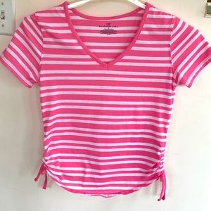 Bobby Brooks Women S Pink/White Striped V-Neck Top with Ruched Tied Sides